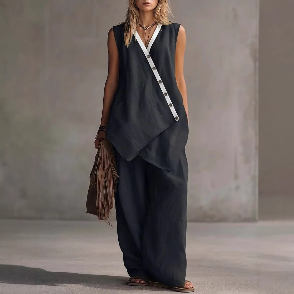 Ensemble décontracté gilet boutonné irrégulier col en V et pantalon large de style bohème