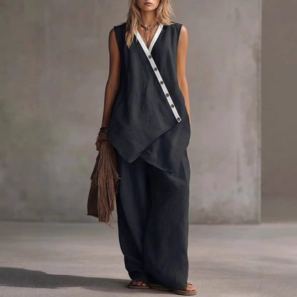 Ensemble décontracté gilet boutonné irrégulier col en V et pantalon large de style bohème