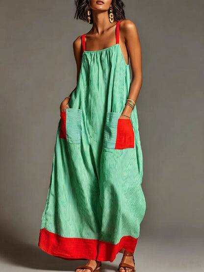 Robe longue rayée en lin et coton avec poches et bretelles spaghetti, idéale pour les vacances