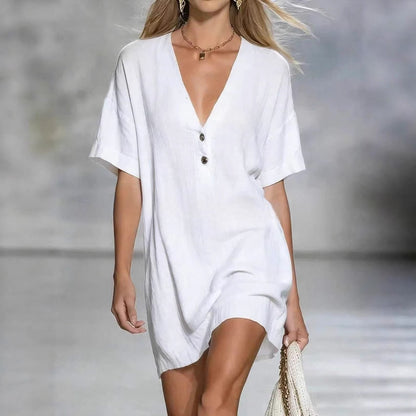 Robe chemise en lin mélangé à col en V, chic et facile à porter