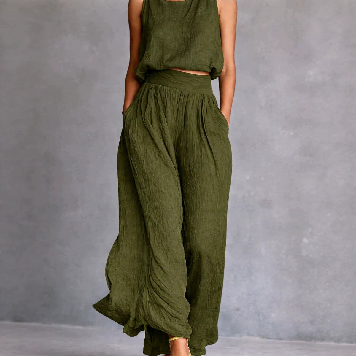 Ensemble assorti en lin texturé Chartreuse, débardeur sans manches et pantalon ample taille haute