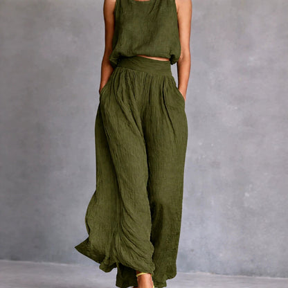 Ensemble assorti en lin texturé Chartreuse, débardeur sans manches et pantalon ample taille haute