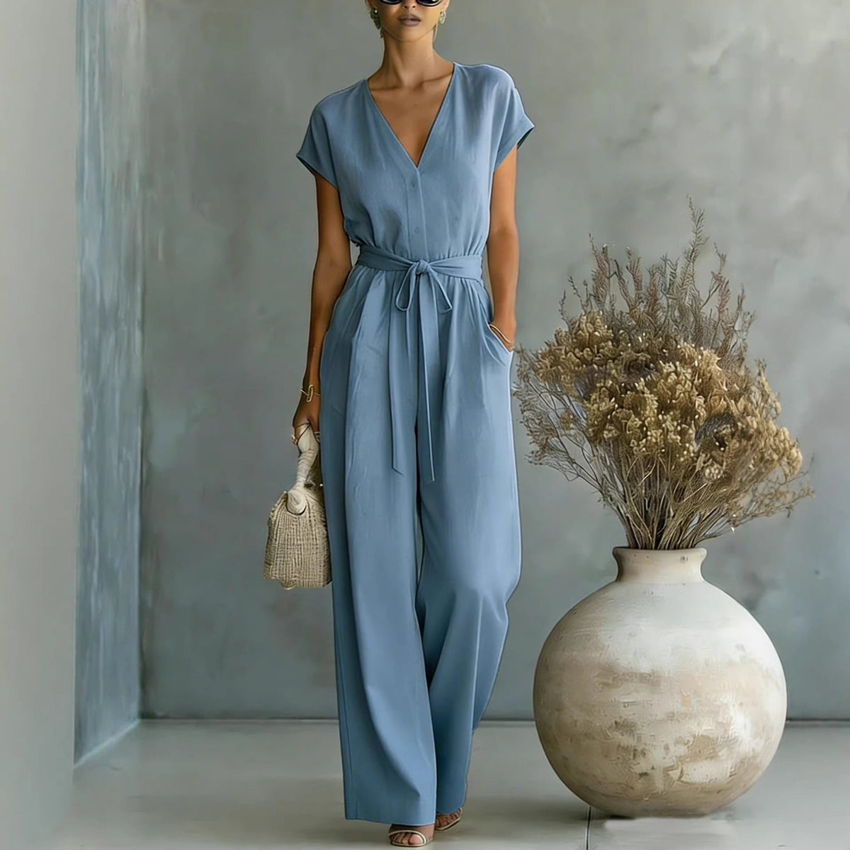 Combinaison élégante col en V avec ceinture pour femme - Tenue une pièce chic et décontractée pour le quotidien et les occasions spéciales