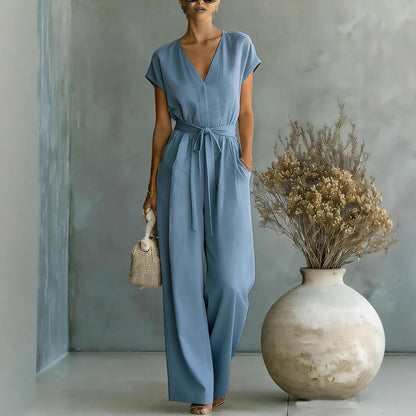 Combinaison élégante col en V avec ceinture pour femme - Tenue une pièce chic et décontractée pour le quotidien et les occasions spéciales