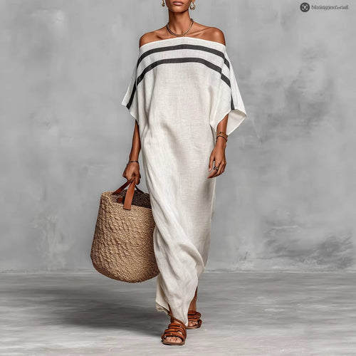 Robe longue caftan en lin à rayures, épaules dénudées et manches chauve-souris