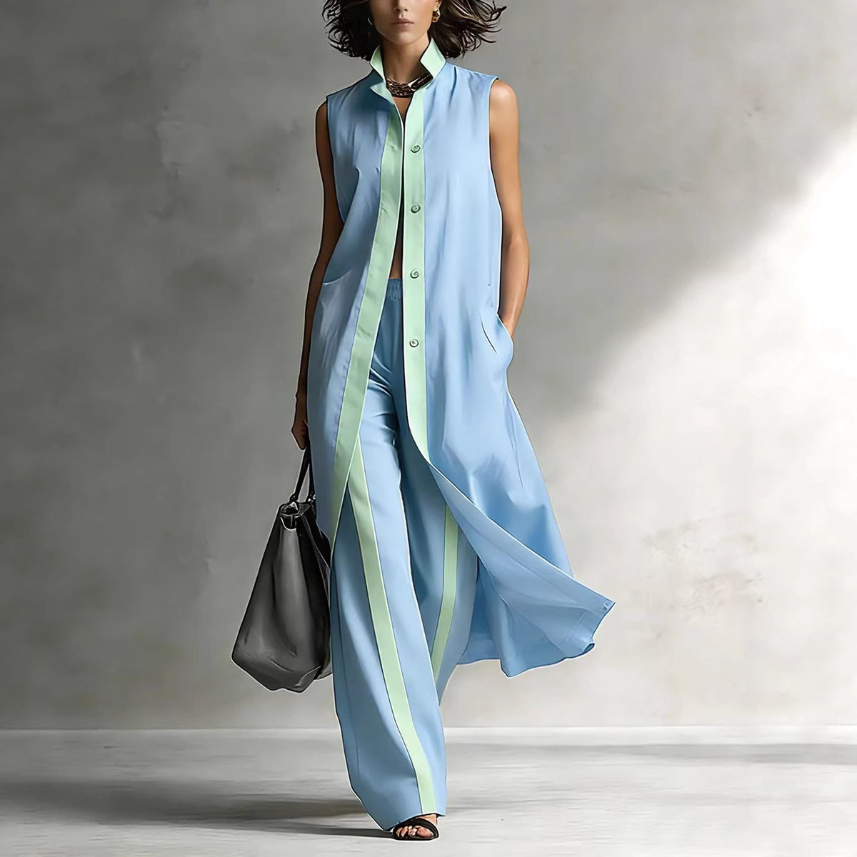 Ensemble Tunique sans Manches Contraste et Pantalon Large Jambe Sophistication Moderne, Style Ajusté Sans Effort