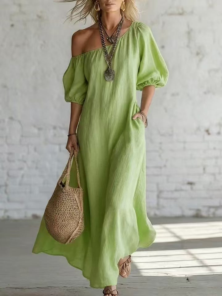 Robe longue en lin mélangé à épaules dénudées sans effort