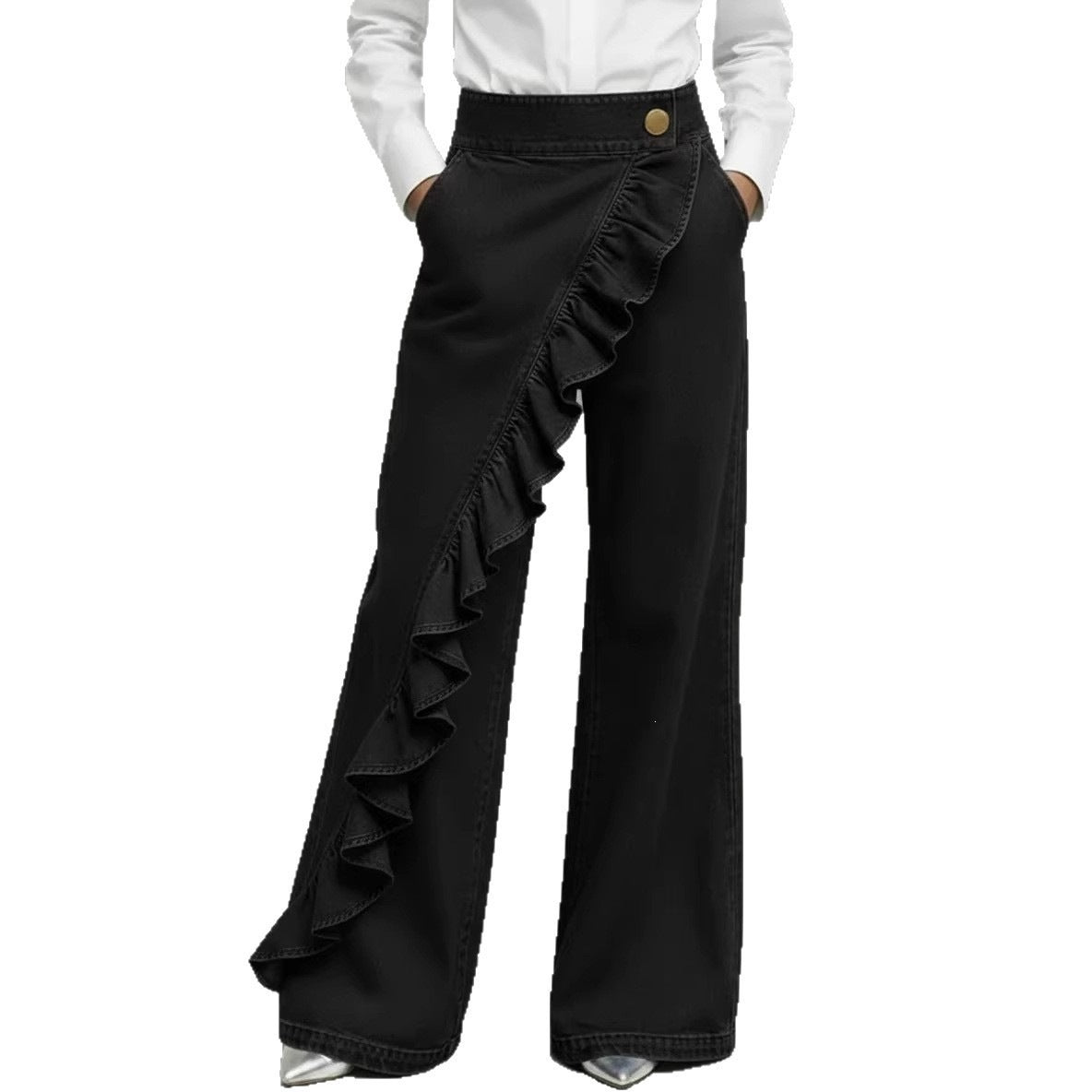 Jean ample taille haute avec volant
