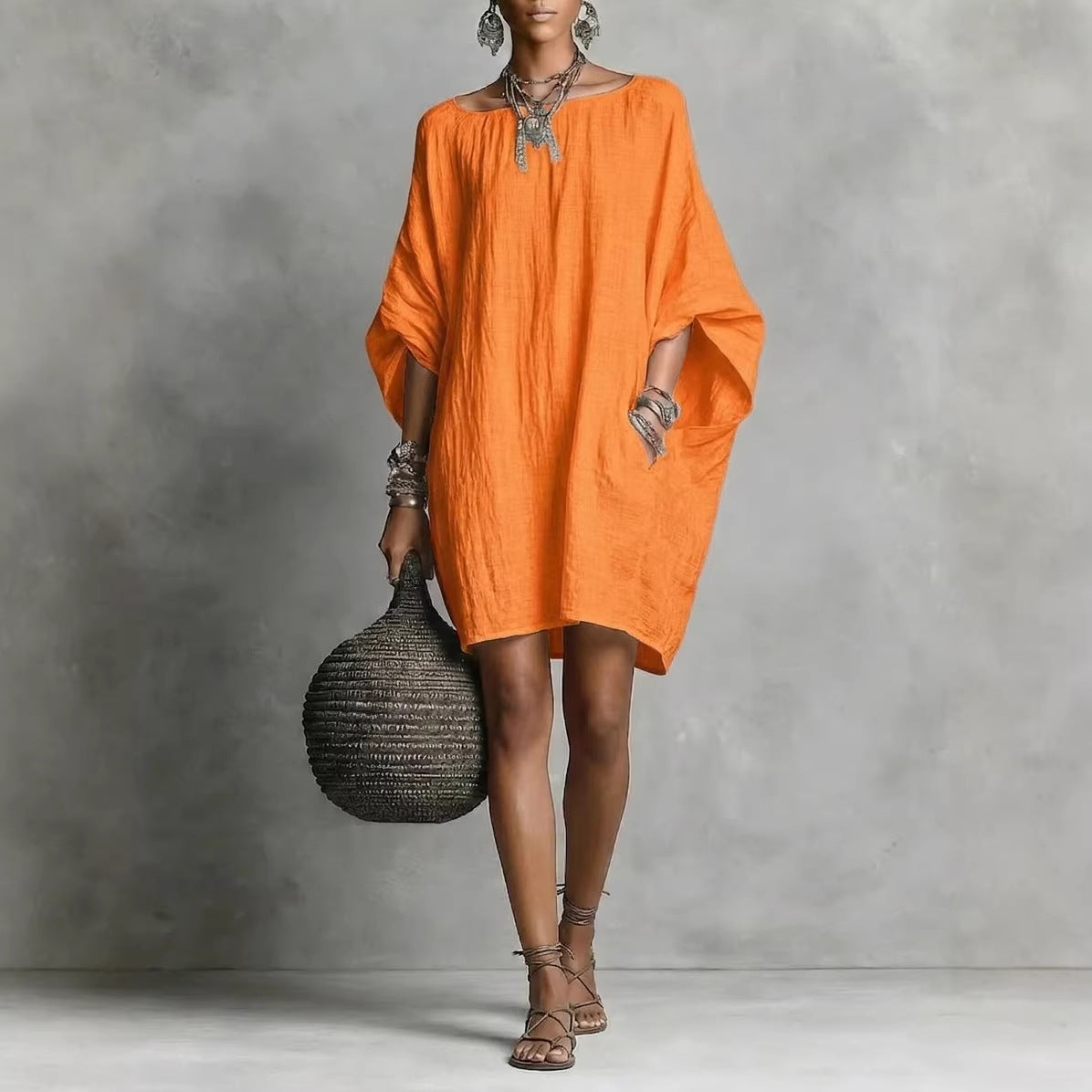 Robe décontractée femme en coton-lin, couleur unie, col rond, manches 3/4, coupe ample