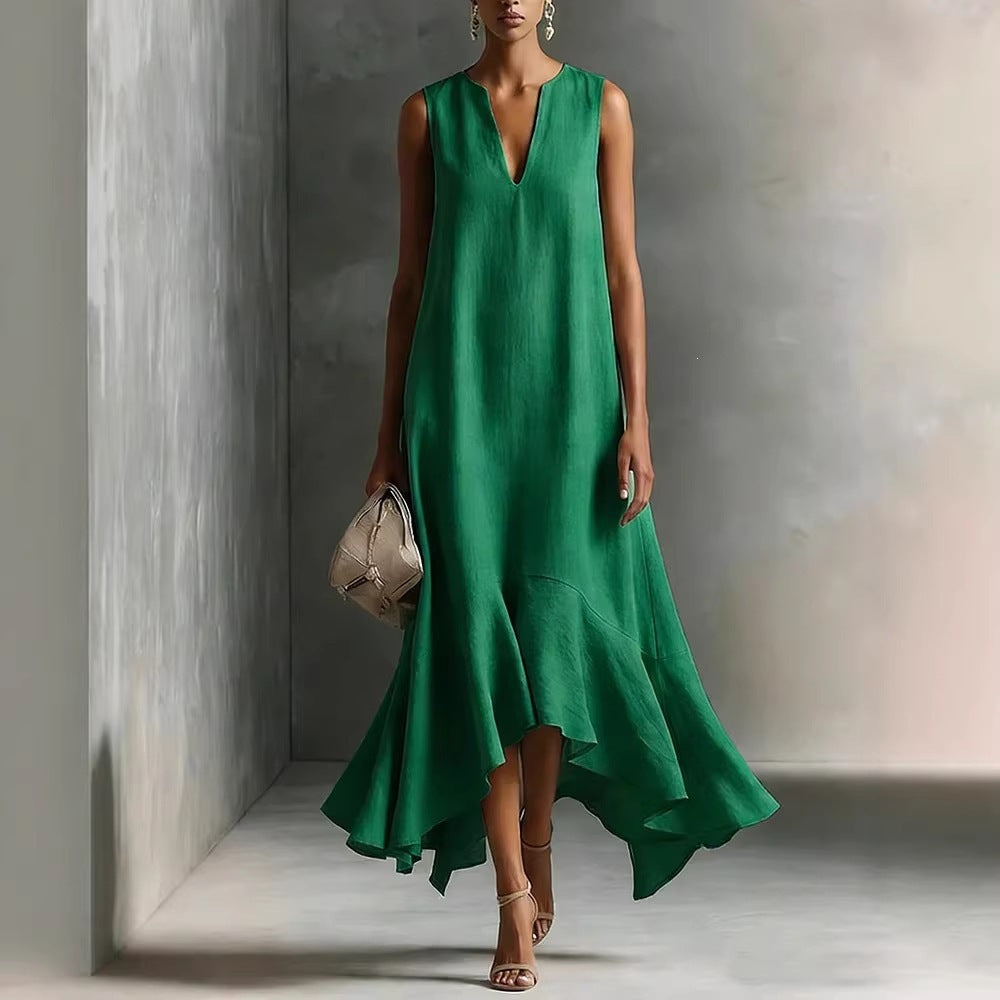 Robe midi sans manches en lin à col en V et ourlet volanté