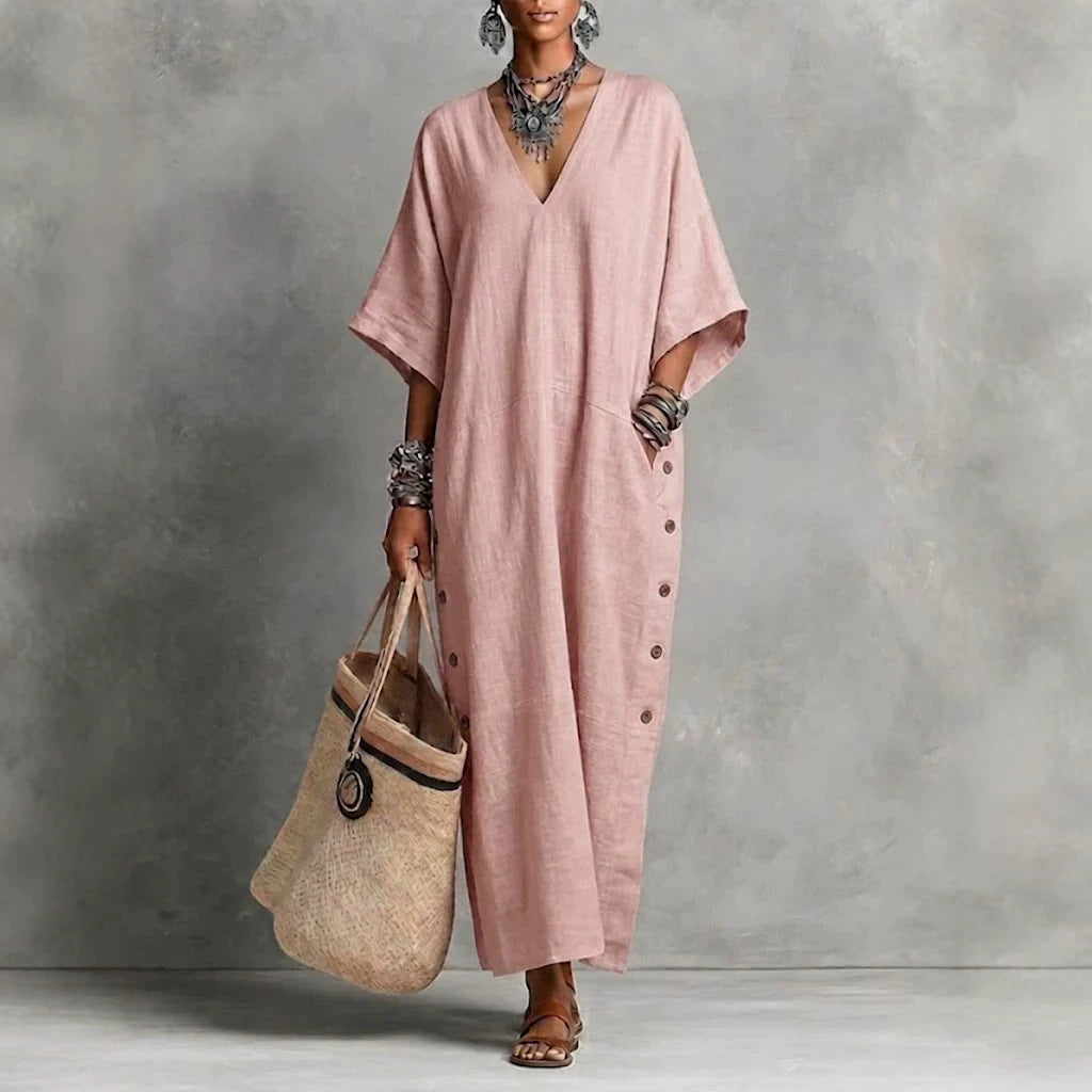 Robe Tunique Longue en Lin Naturel avec Col en V, Manches Chauve-souris et Fente Boutonnée sur le Côté