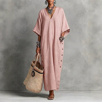 Robe Tunique Longue en Lin Naturel avec Col en V, Manches Chauve-souris et Fente Boutonnée sur le Côté
