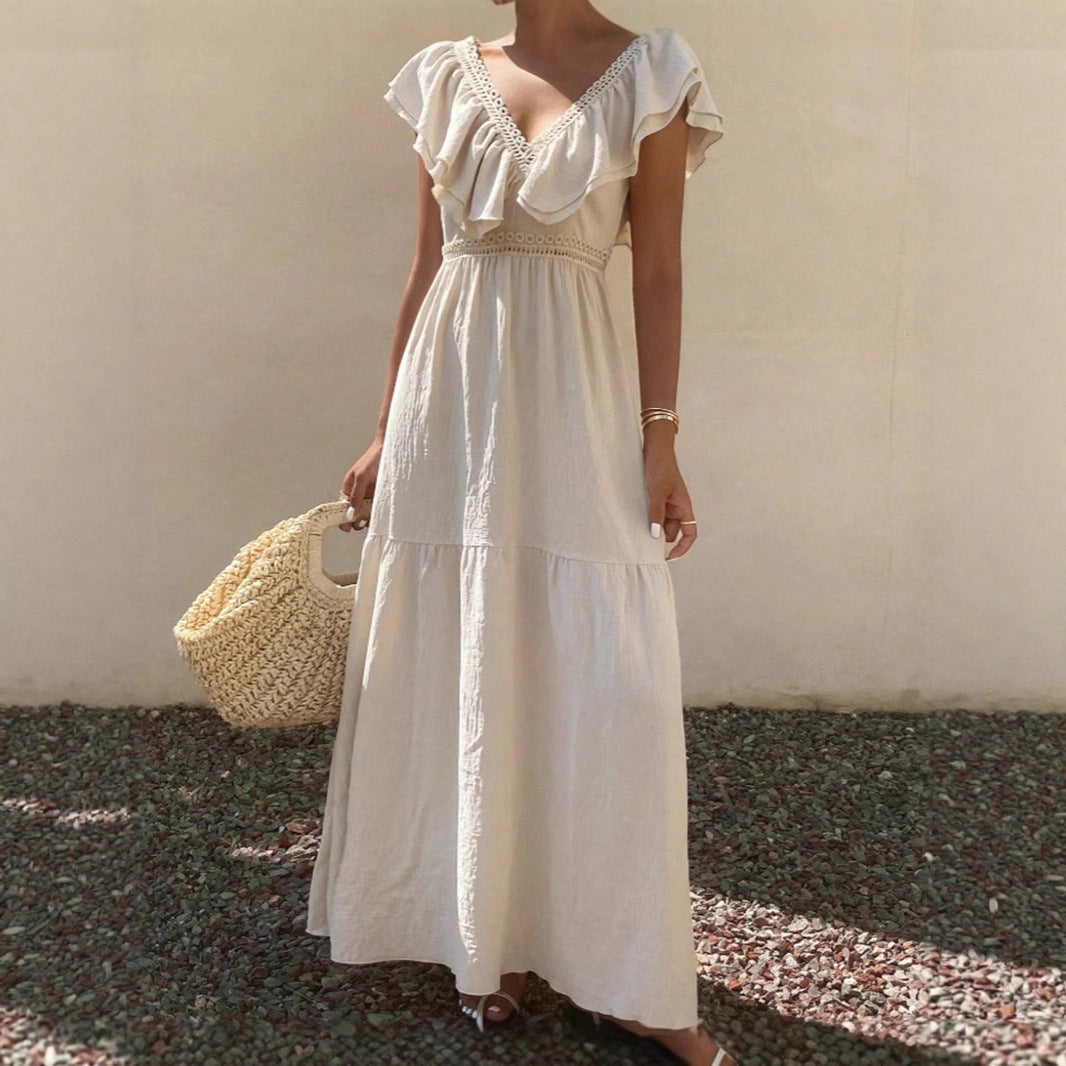 Robe longue maxi femme à col en V, manches volantées, coupe ample et étagée, idéale pour les vacances d'été.