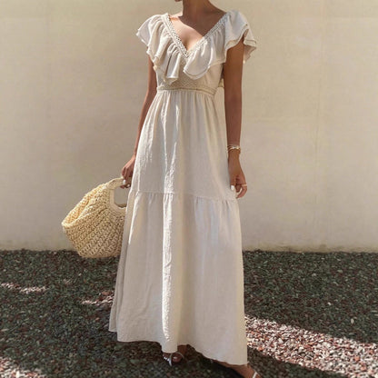 Robe longue maxi femme à col en V, manches volantées, coupe ample et étagée, idéale pour les vacances d'été.