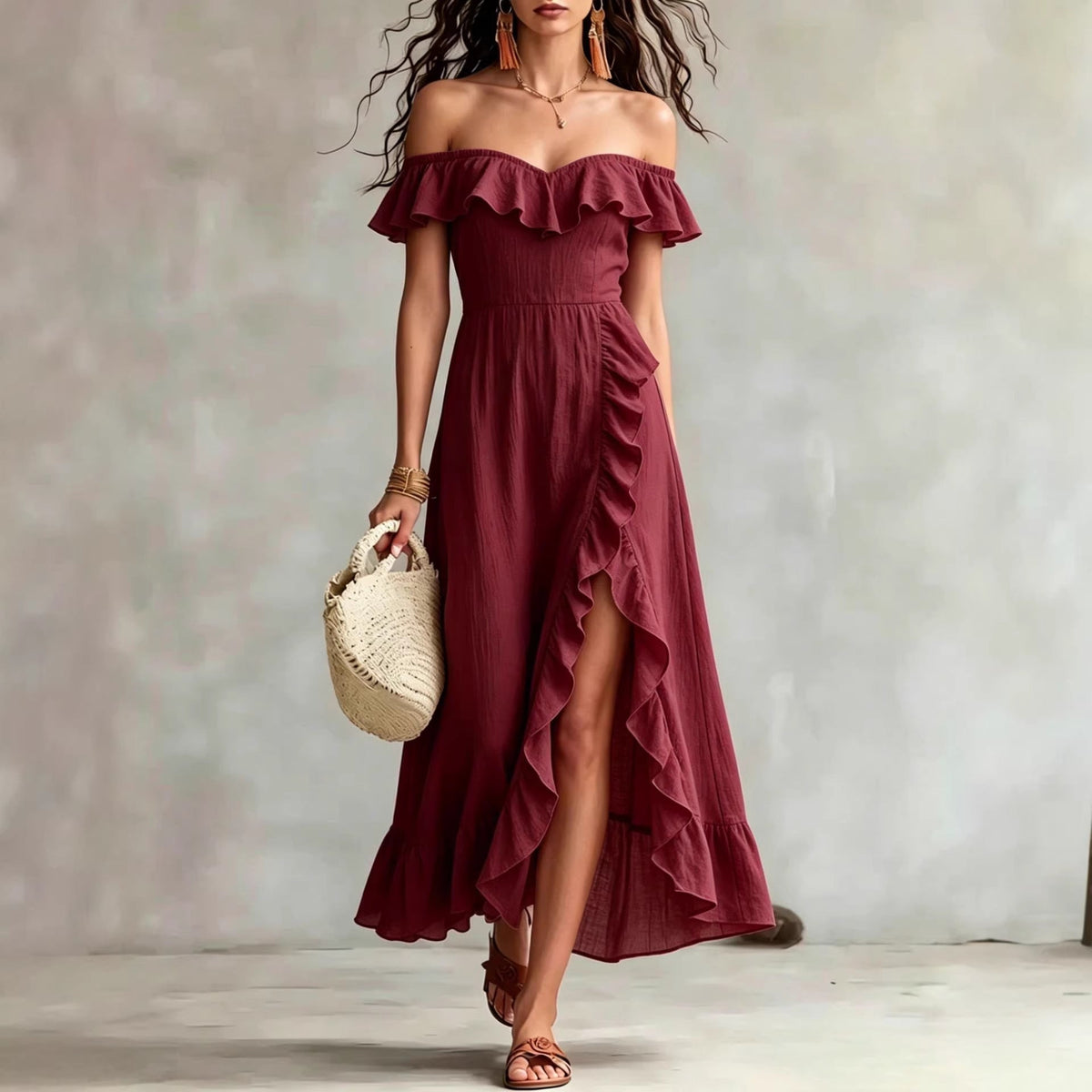 Robe longue fluide d'été en coton à épaules dénudées, à volants et froncée pour femme