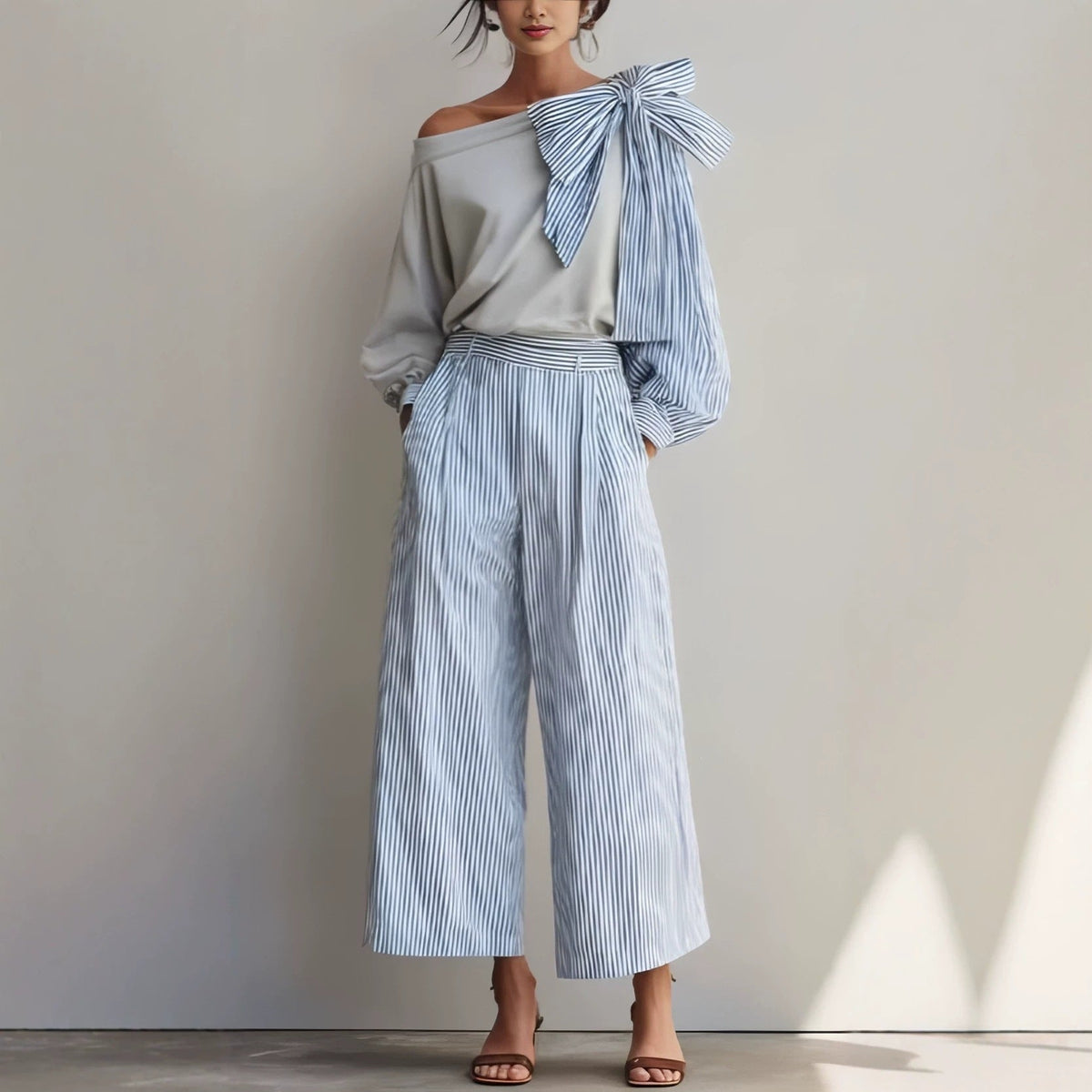 Costume Pantalon Droit Femme Rayé Décontracté Élégant
