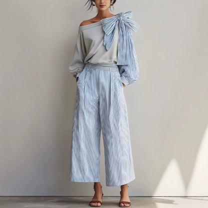 Costume Pantalon Droit Femme Rayé Décontracté Élégant