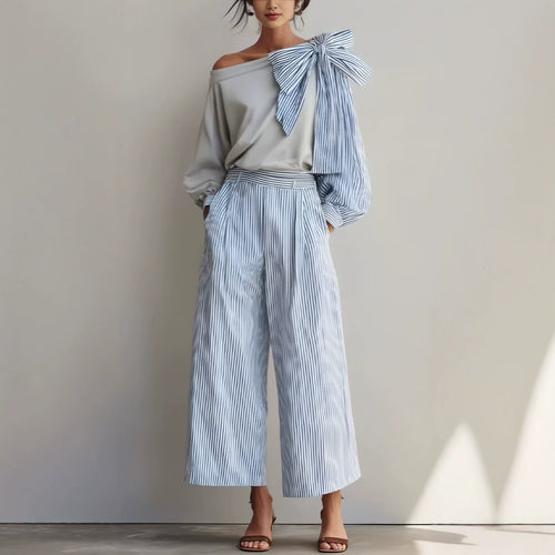 Costume Pantalon Droit Femme Rayé Décontracté Élégant