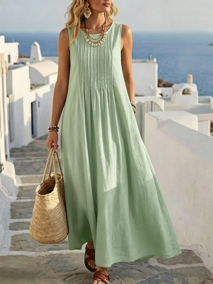 Robe longue de vacances plissée en mélange de lin avec poches