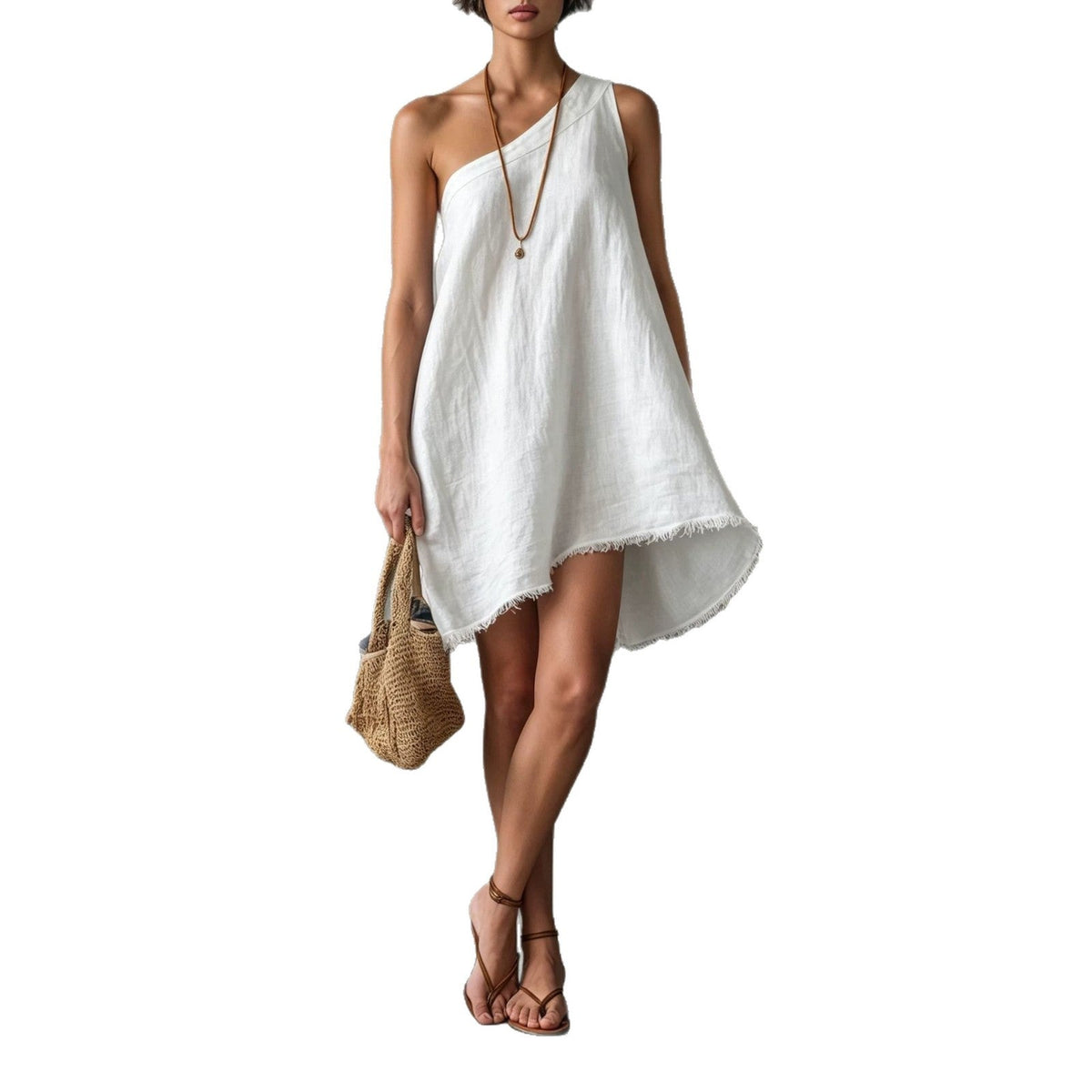 Robe Mini Asymétrique en Lin à Une Épaule avec Ourlet Effiloché