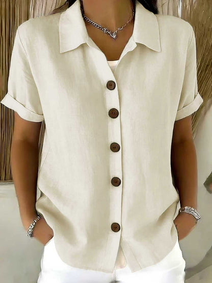Women's short-sleeved linen shirt, with turn-down collar