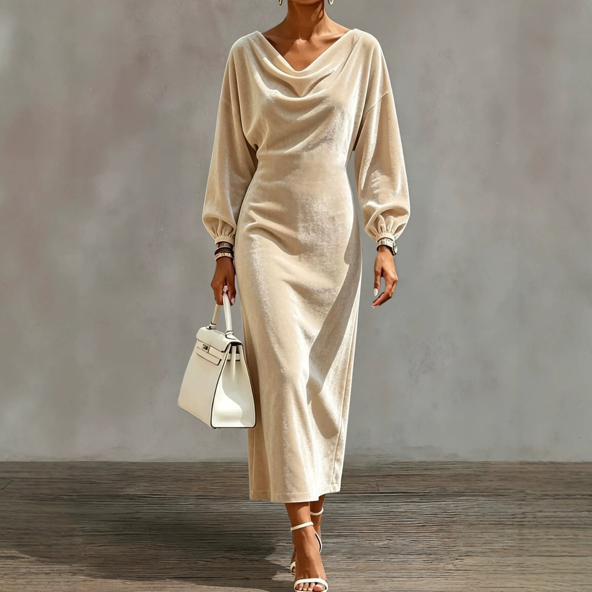 Robe midi en velours à col cache‑cou et manches bouffantes