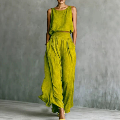 Ensemble assorti en lin texturé Chartreuse, débardeur sans manches et pantalon ample taille haute