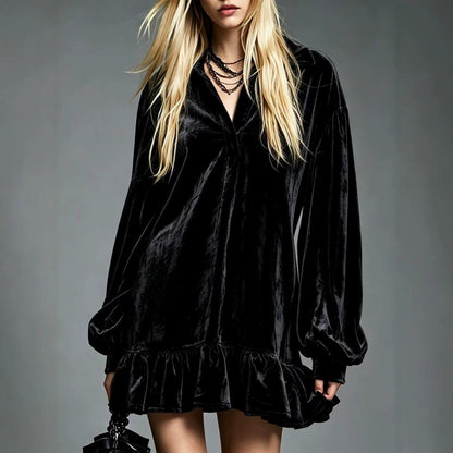 Mini-robe en velours à volants pour femme, tunique décontractée ample à revers et manches longues