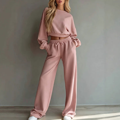 Ensemble de survêtement décontracté 2 pièces pour femme, comprenant un sweat-shirt court et un pantalon ample à jambes larges – Tenue décontractée
