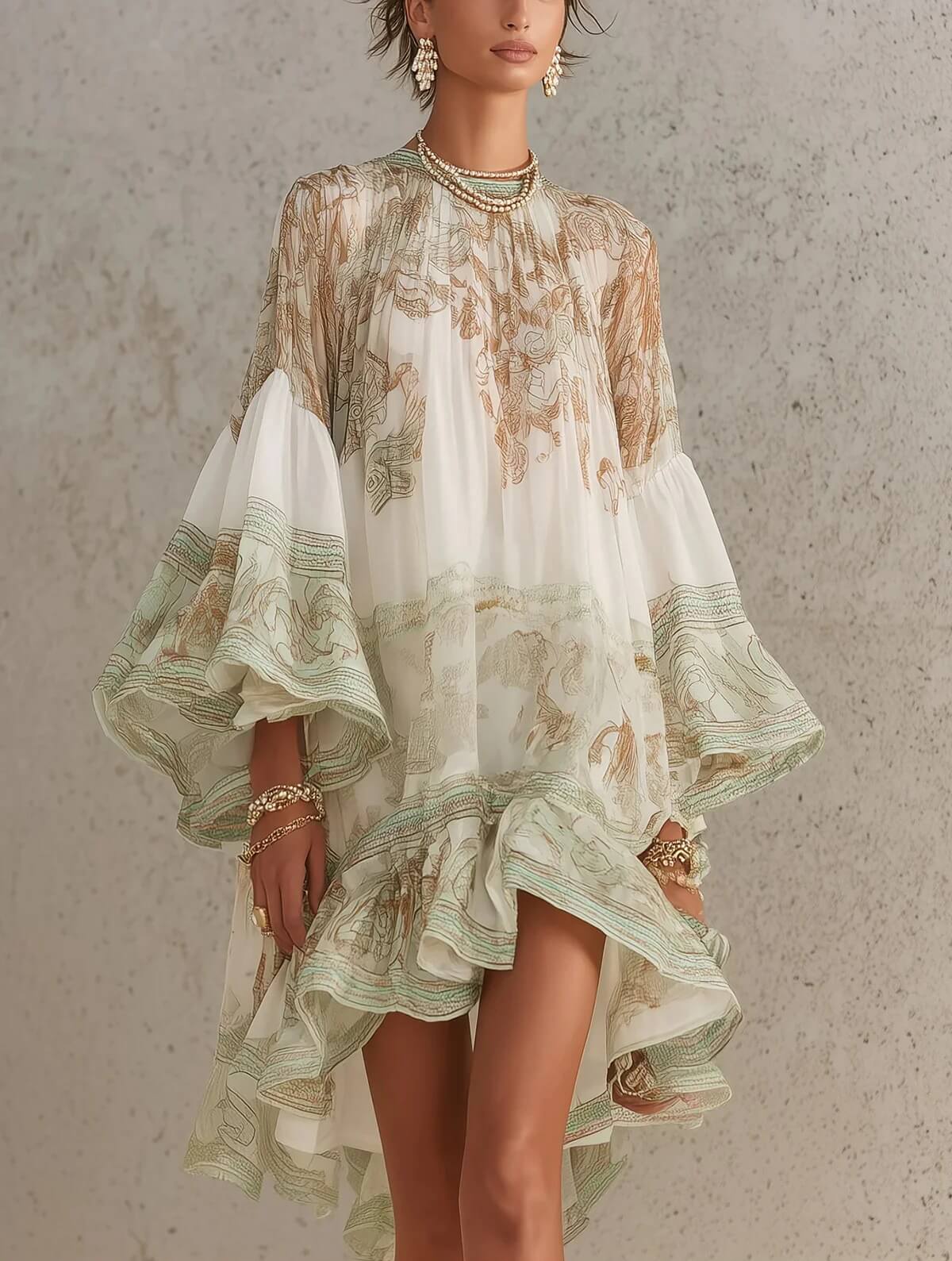 Mini-robe femme en polyester extensible imprimée bohème avec manches évasées à volants