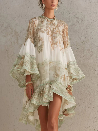 Mini-robe femme en polyester extensible imprimée bohème avec manches évasées à volants