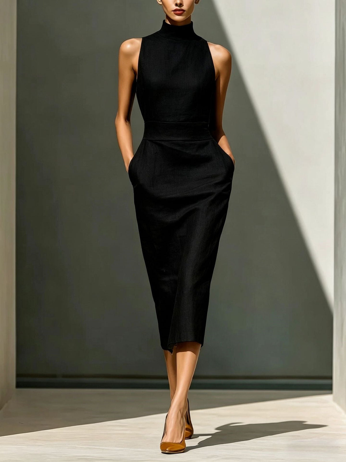 Robe mi-longue élégante sans manches moulante couvrant les hanches pour femme