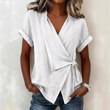 Blouse à manches courtes et col en V en lin mélangé avec ceinture à nouer à la taille