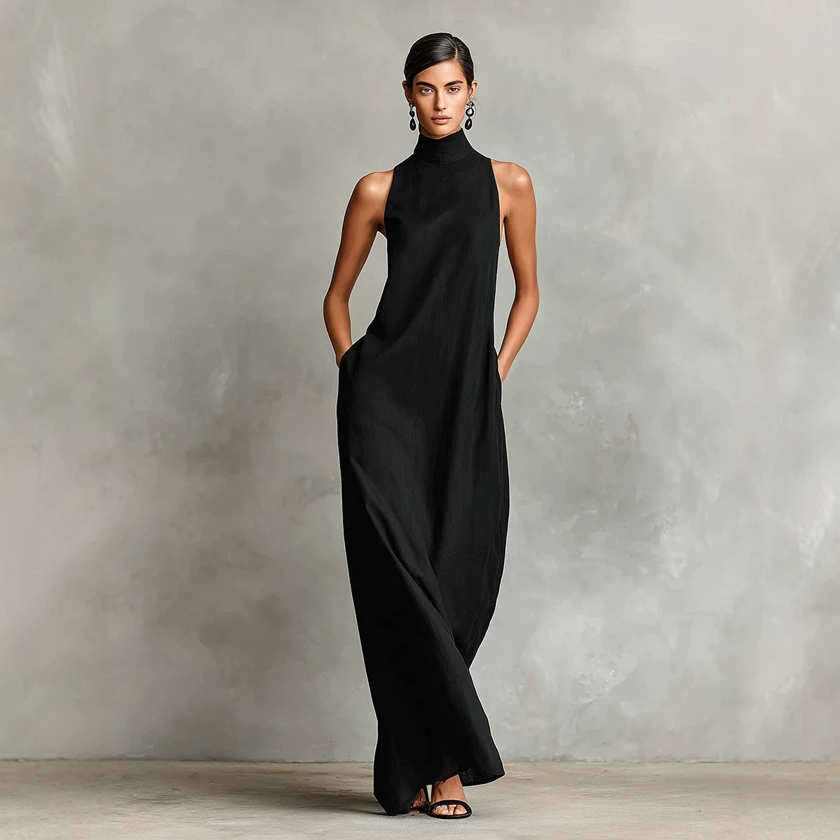 Robe longue sans manches en lin à col montant