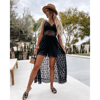 Robe longue asymétrique fluide à fines bretelles et dentelle festonnée