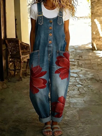 Salopette en jean sans effort à motif floral bohème pour femme