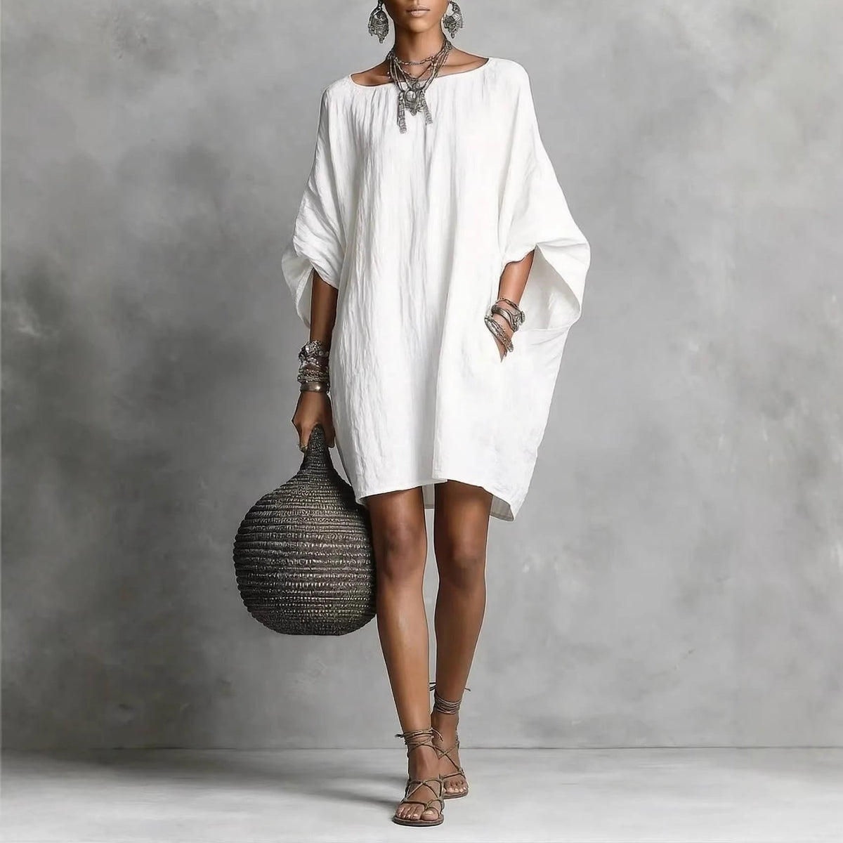 Robe décontractée femme en coton-lin, couleur unie, col rond, manches 3/4, coupe ample