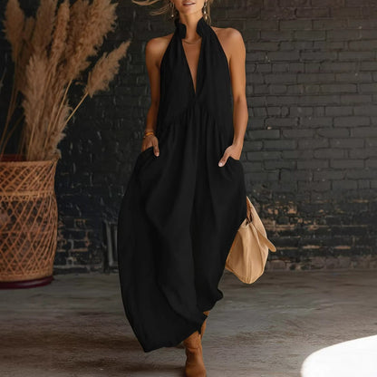 Robe longue de vacances unie sans manches à col montant
