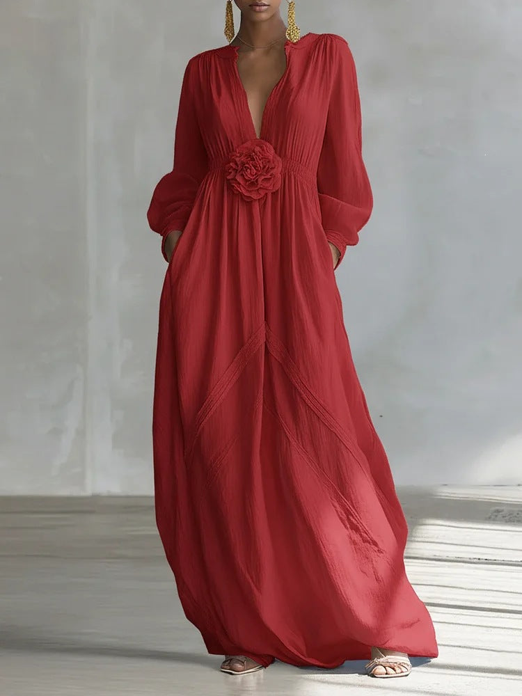Robe de demoiselle d'honneur fluide en tissu texturé à manches longues bouffantes avec poches latérales