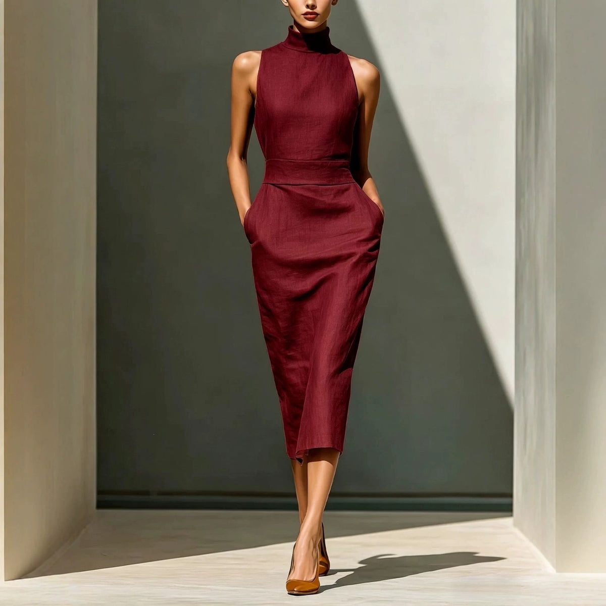 Robe mi-longue élégante sans manches moulante couvrant les hanches pour femme