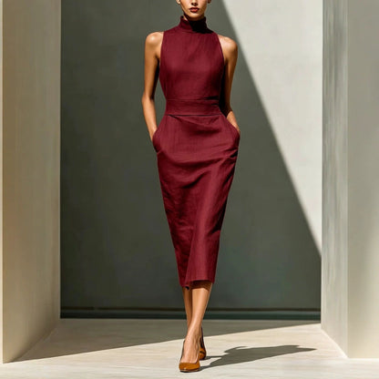 Robe mi-longue élégante sans manches moulante couvrant les hanches pour femme