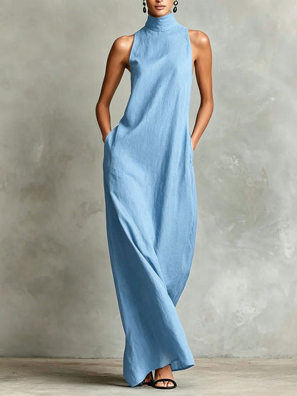 Robe longue sans manches en lin à col montant
