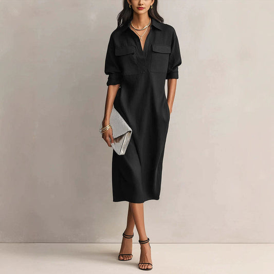 Robe-chemise mi-longue à demi-patte de boutonnage avec poches utilitaires