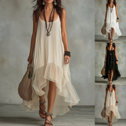 Robe longue sans manches en mousseline avec ourlet à volants irrégulier style bohème