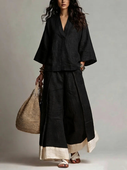 Ensemble chemise col V manches trois-quarts et pantalon large contrastant pour femme