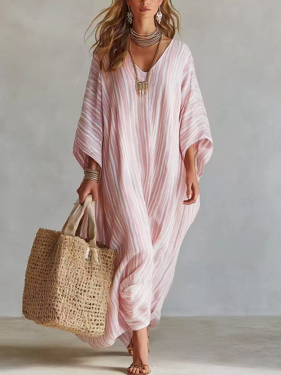 Robe longue kaftan rayée légère en mélange de lin pour femme – Paréo de plage oversize col en V