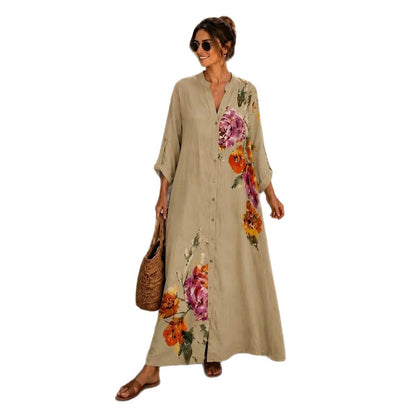 Robe longue boutonnée en lin à imprimé floral