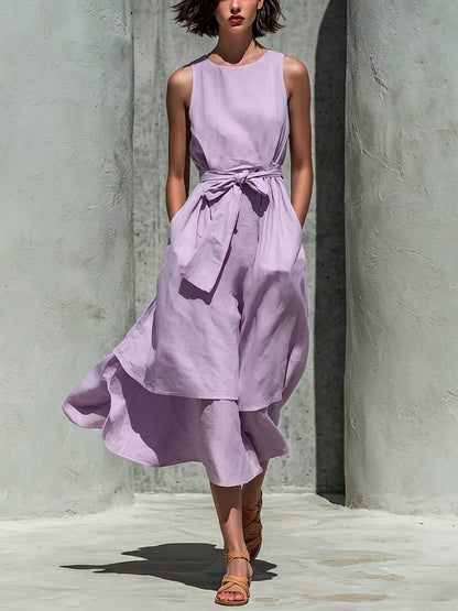 Robe midi en lin superposée sans manches avec lien à la taille