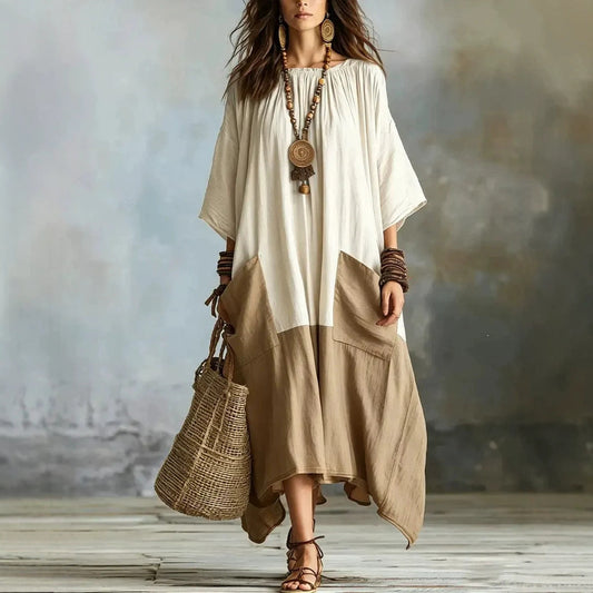 Color Block 3/4 Sleeve Round Neck Linen Blend Irregular Hem Maxi Dress With Pockets