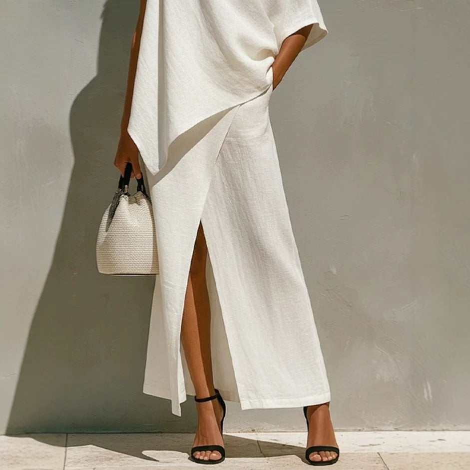 Ensemble deux pièces asymétrique en lin blanc noué
